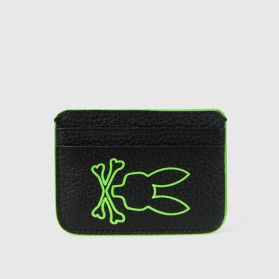 Men LEATHER CARD HOLDER Black/Lime | Psycho Bunny Bags & Wallets